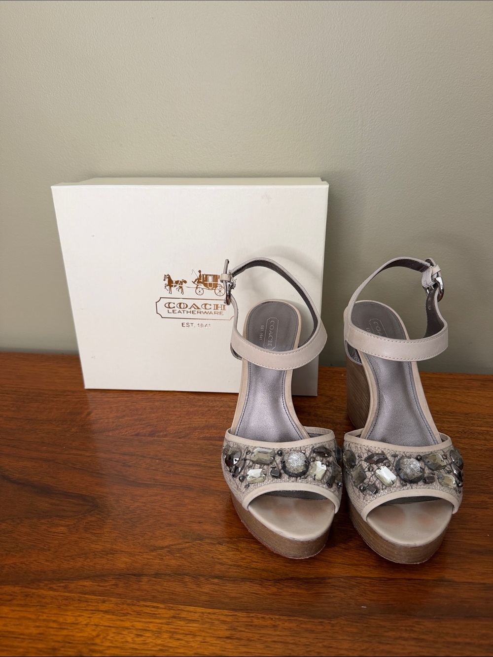 Coach Beaded Taupe Ankle-Strap Wedge Sandals